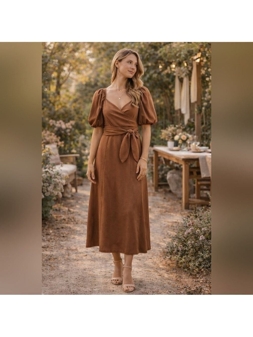 Zoe & Claire Brown Wrap-Style Midi Dress – Size Small – New